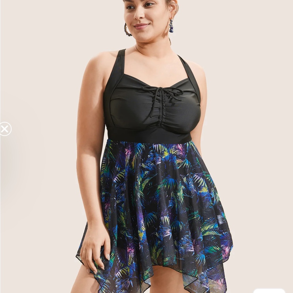 BloomChic Black Swim Dress with Multicolor Tropical Print